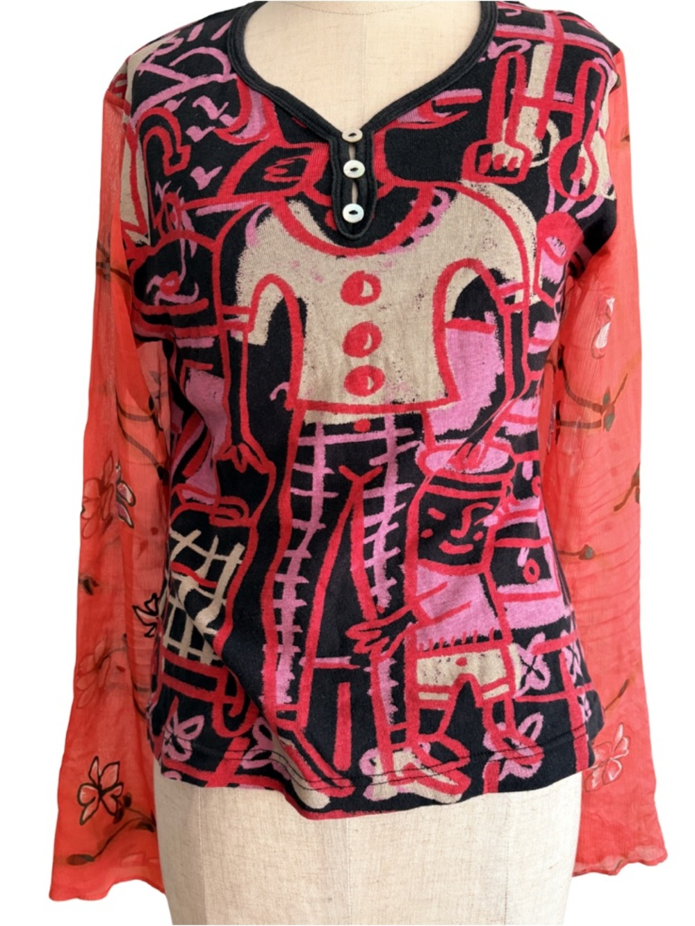 Vintage Y2K Rare Custo Barcelona Multicolored Sheer Floral Long Sleeve Red Pink